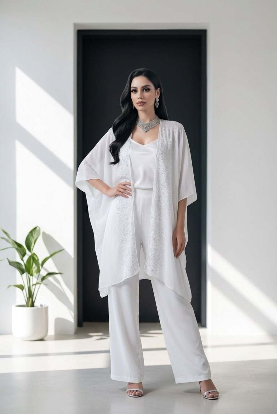 Jessica McClintock White Embellished Chiffon Kimono Cardigan